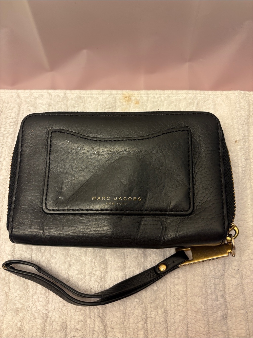 Marc Jacobs Black Leather Zip Wristlet with Gold Hardware